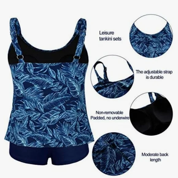 Cadocado Tankini Swimsuit Blue Palm Tree Leaves 3 Tier Ruffle Top Sz 20 XXL Exc - Picture 11 of 15